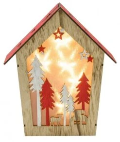 Chaks 10006, Maison Lumineuse Noël Bois Naturel/rouge Avec Leds 24cm