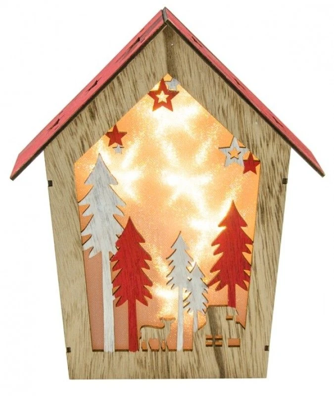 Chaks 10006, Maison Lumineuse Noël Bois Naturel/rouge Avec Leds 24cm 3 Chaks 10006, Maison Lumineuse Noël Bois Naturel/rouge Avec Leds 24cm
