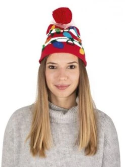 P'TIT Clown Re19802, Bonnet De Noel Adulte Rayé Rouge Avec Guirlande Noël, Lumineux