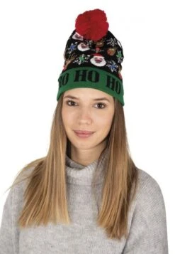 P'TIT Clown Re19805, Bonnet De Noel Adulte Noir Avec Pères Noël Et Rennes, Lumineux